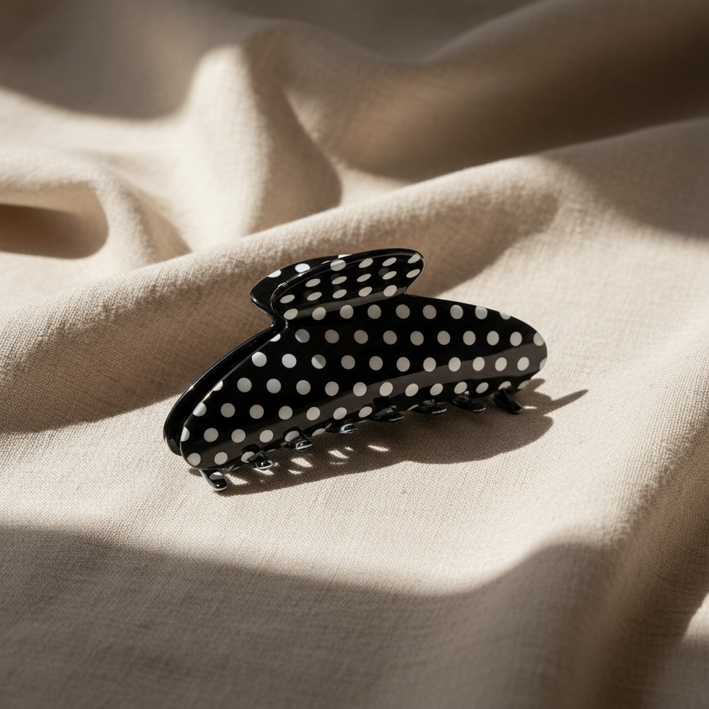 Medium black polka dot hair claw clip on natural linen