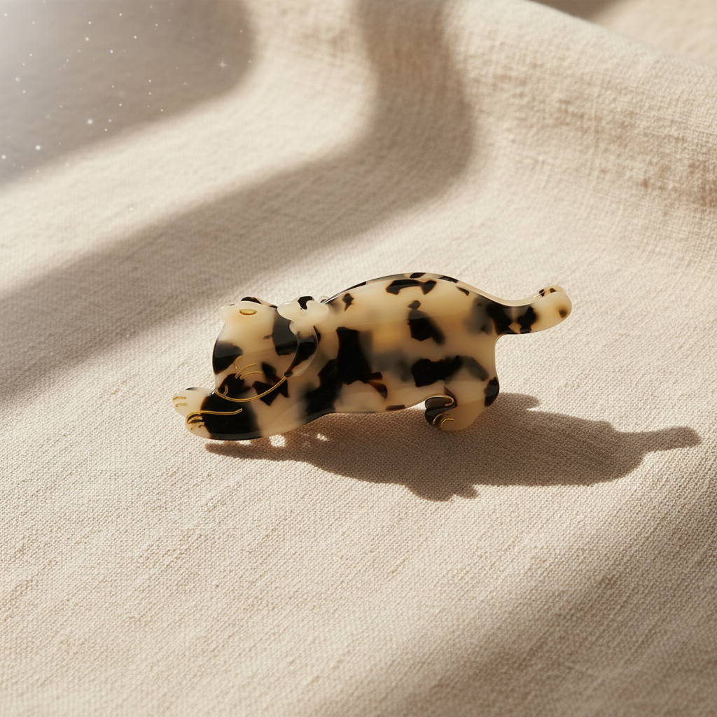 Cow print cat hair claw clip on cream linen