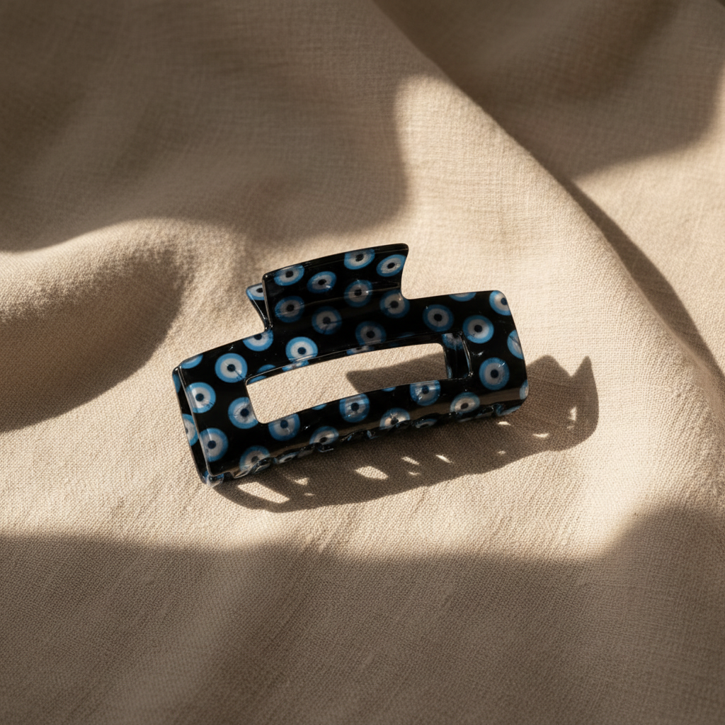 Black evil eye hair claw clip on natural linen