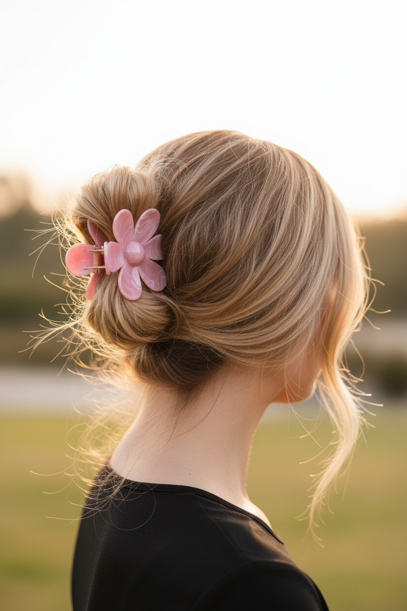 Pink flower clip lifestyle - messy bun
