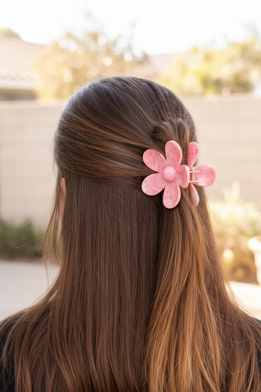 Pink flower clip lifestyle - half-up style