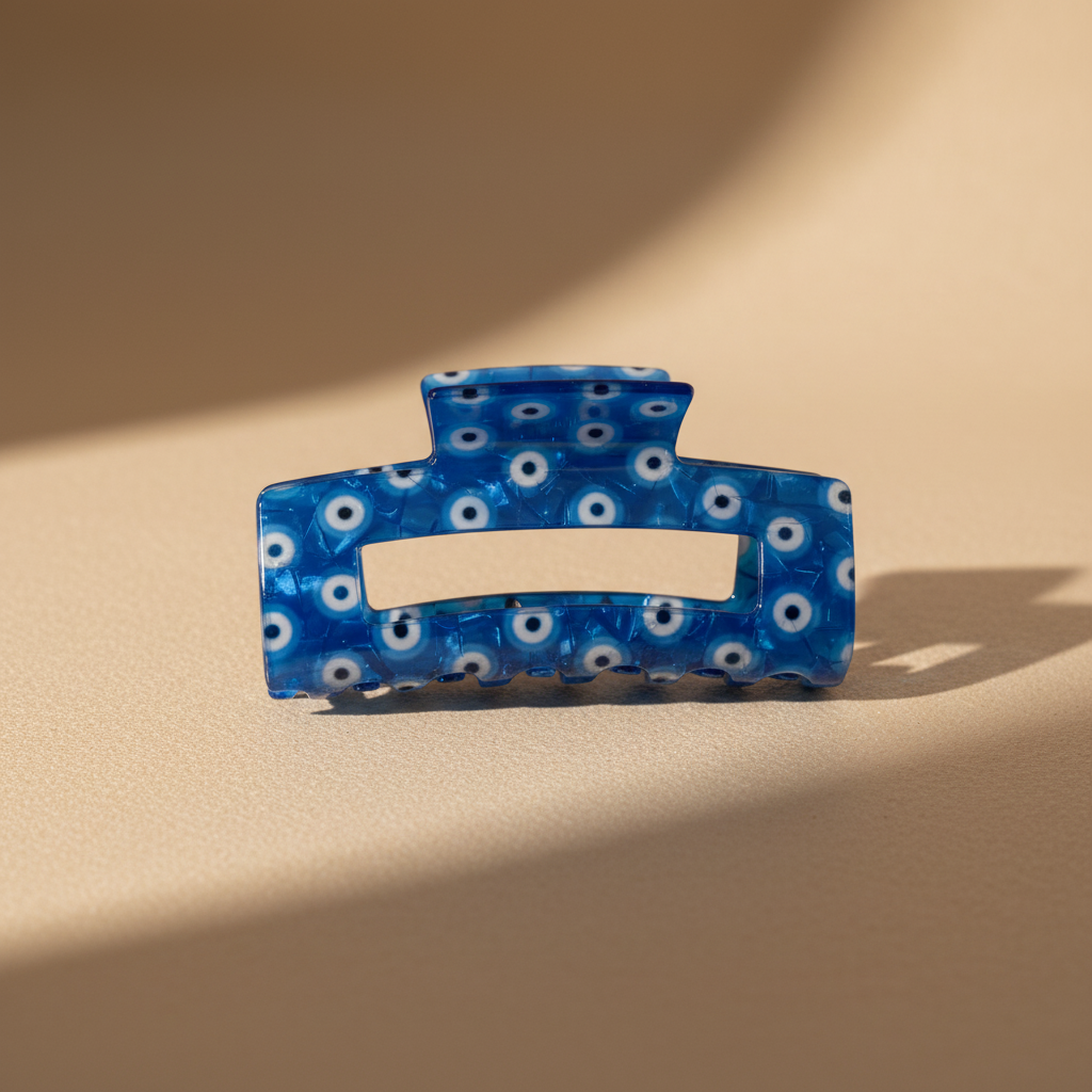 Cobalt blue evil eye hair claw clip on warm beige surface