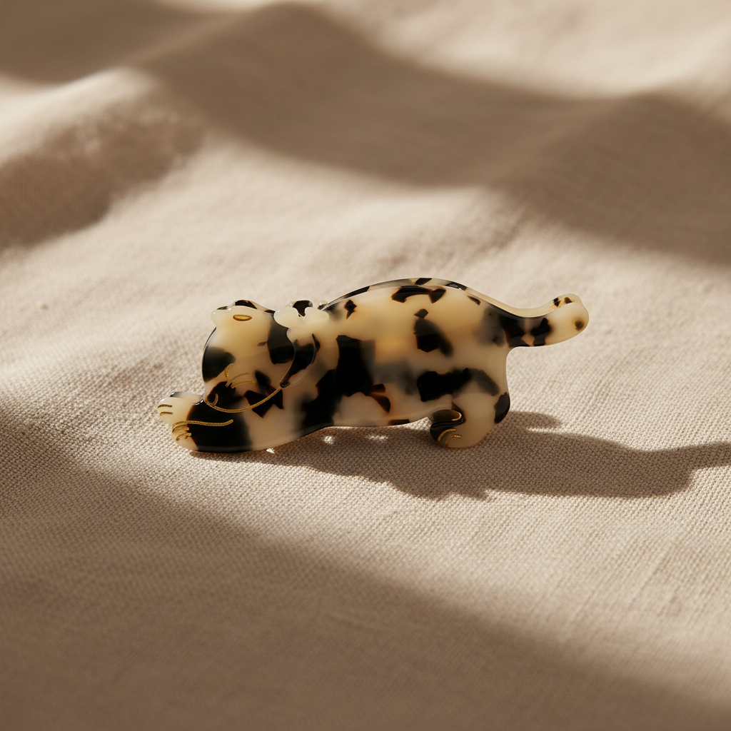 Cow print cat hair claw clip on natural linen