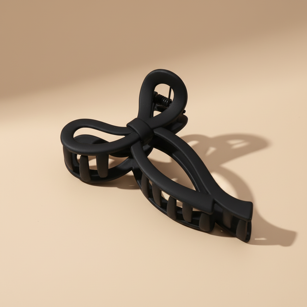 Medium black bow hair claw clip on warm beige surface