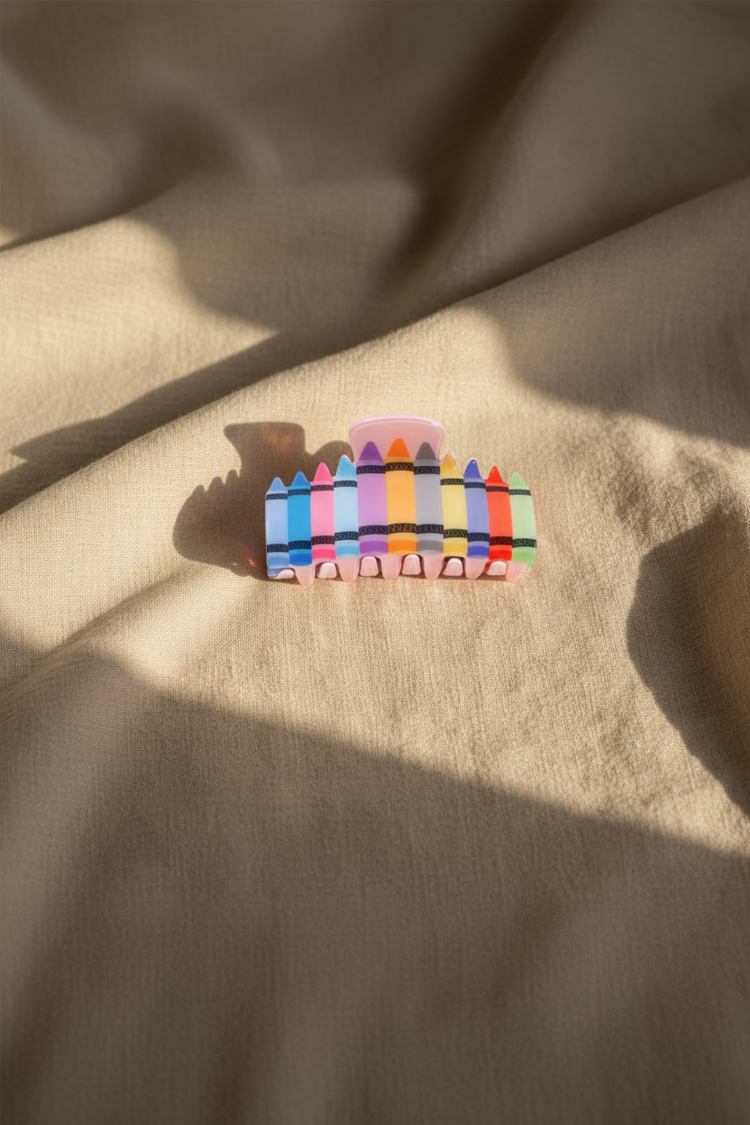 Crayon hair clip on linen bedding
