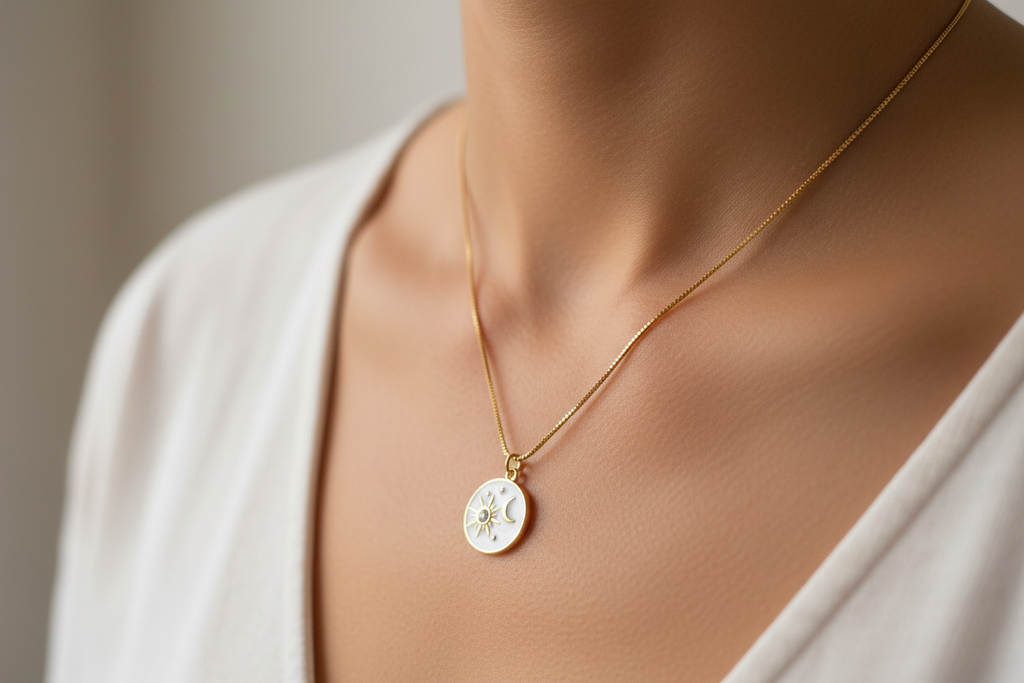 Close-up of sun and moon necklace pendant being worn