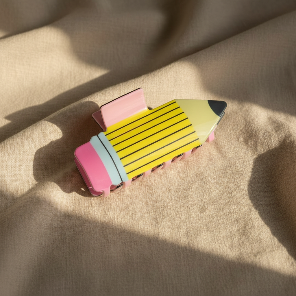 Yellow pencil hair clip on linen with sunlight