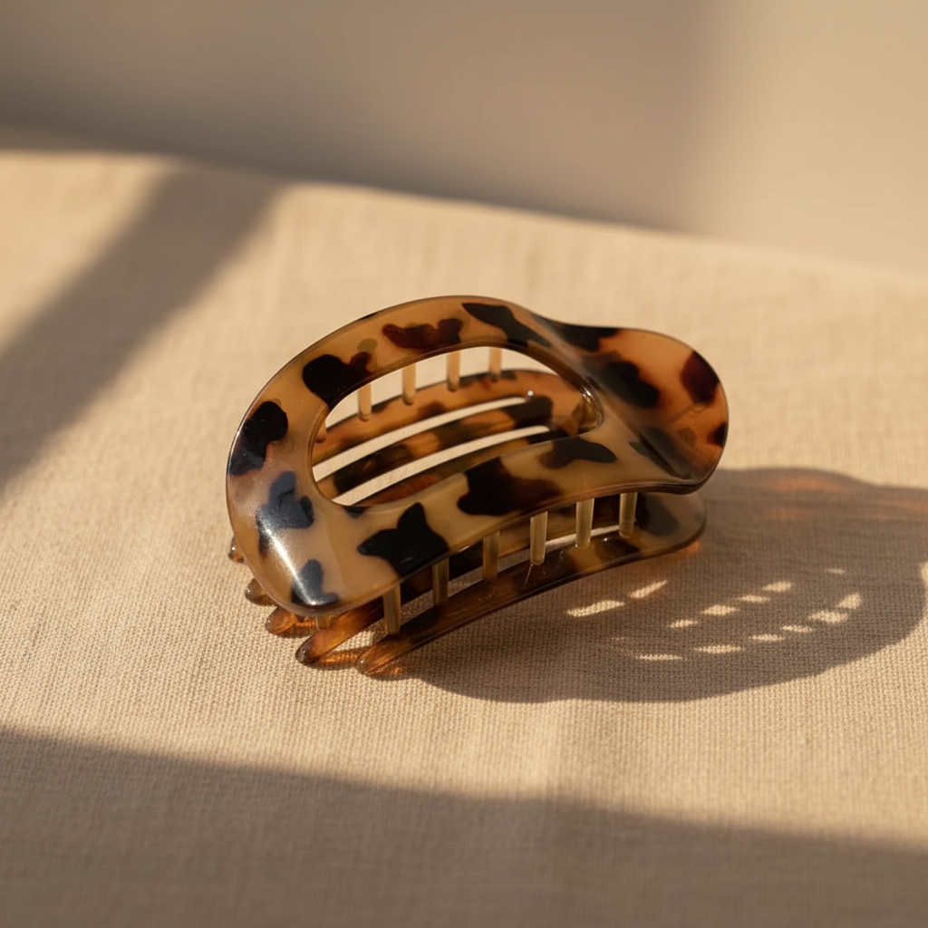 Classic tortoiseshell flat claw clip on linen