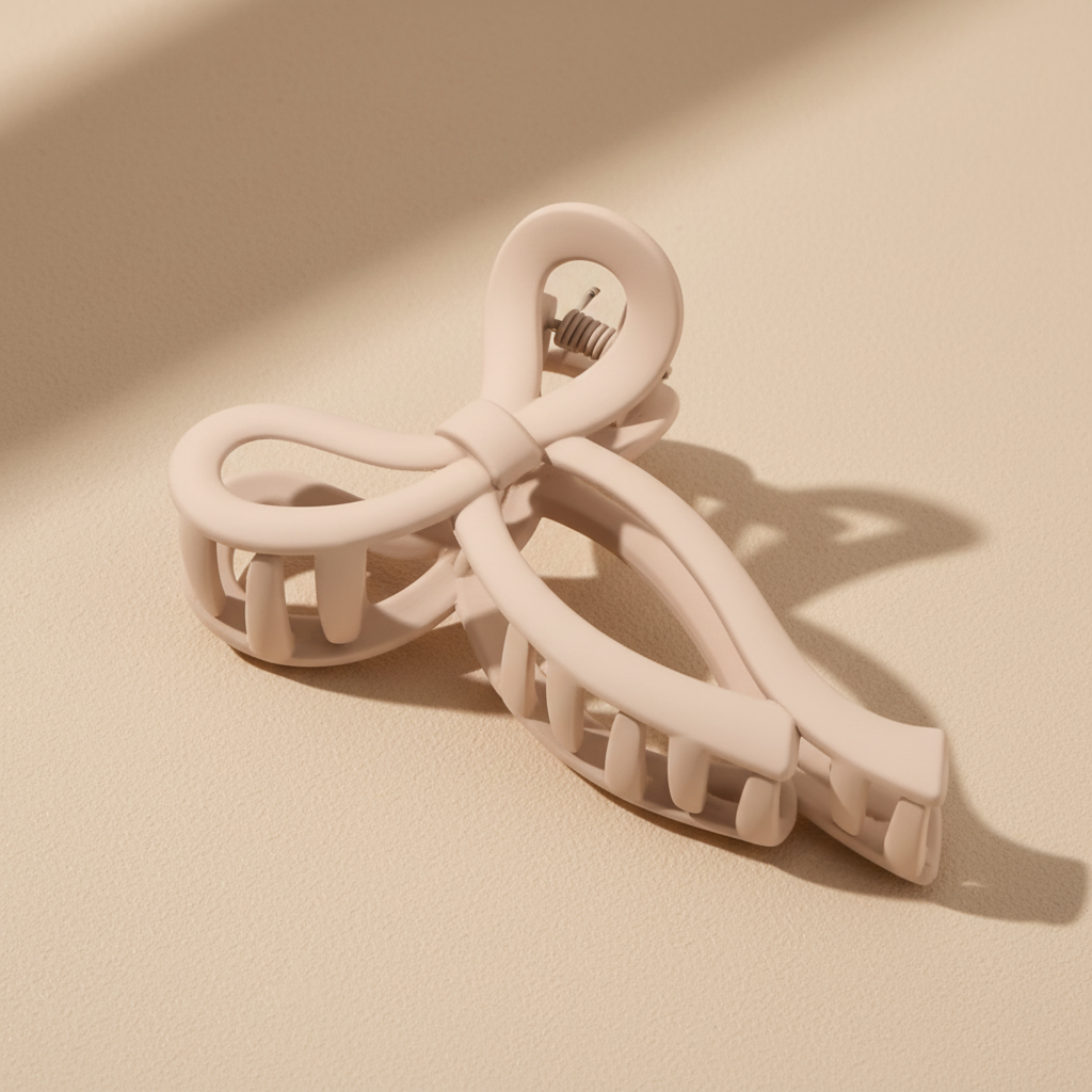 Medium beige bow hair claw clip on warm beige surface