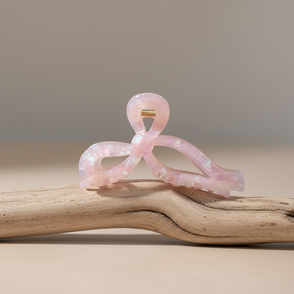 Pink bow hair clip on driftwood display