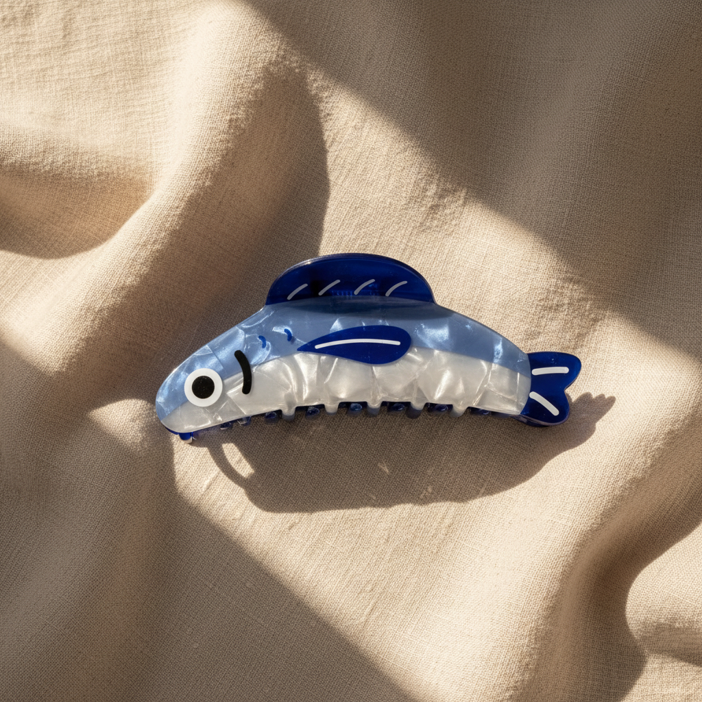 Large fish hair claw clip on natural linen