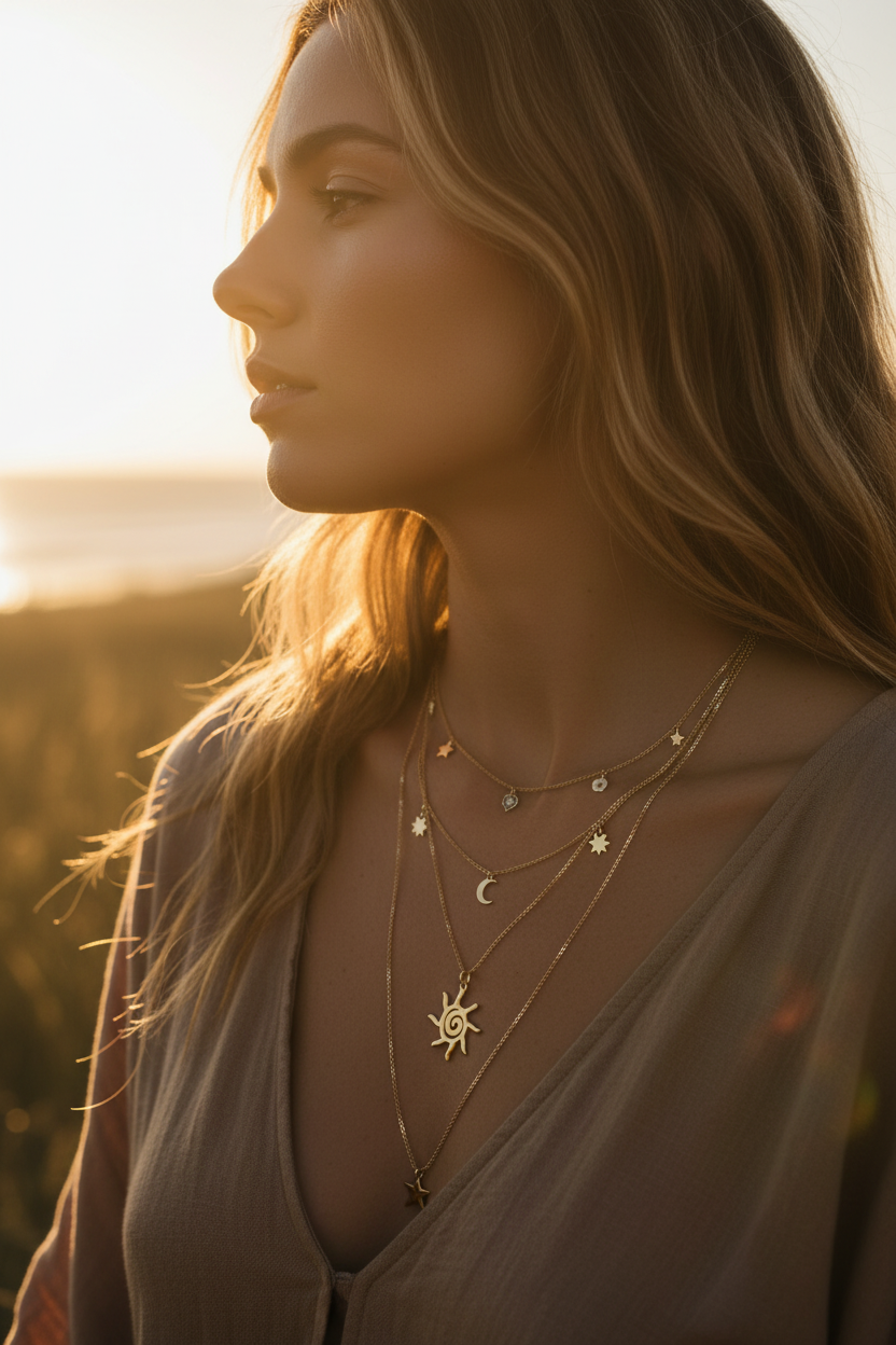Layered necklaces golden hour