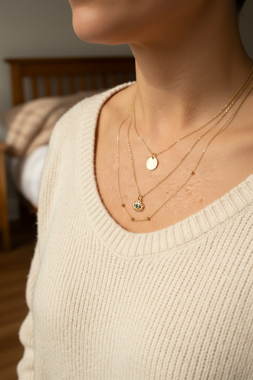 Layering evil eye necklace with other chains