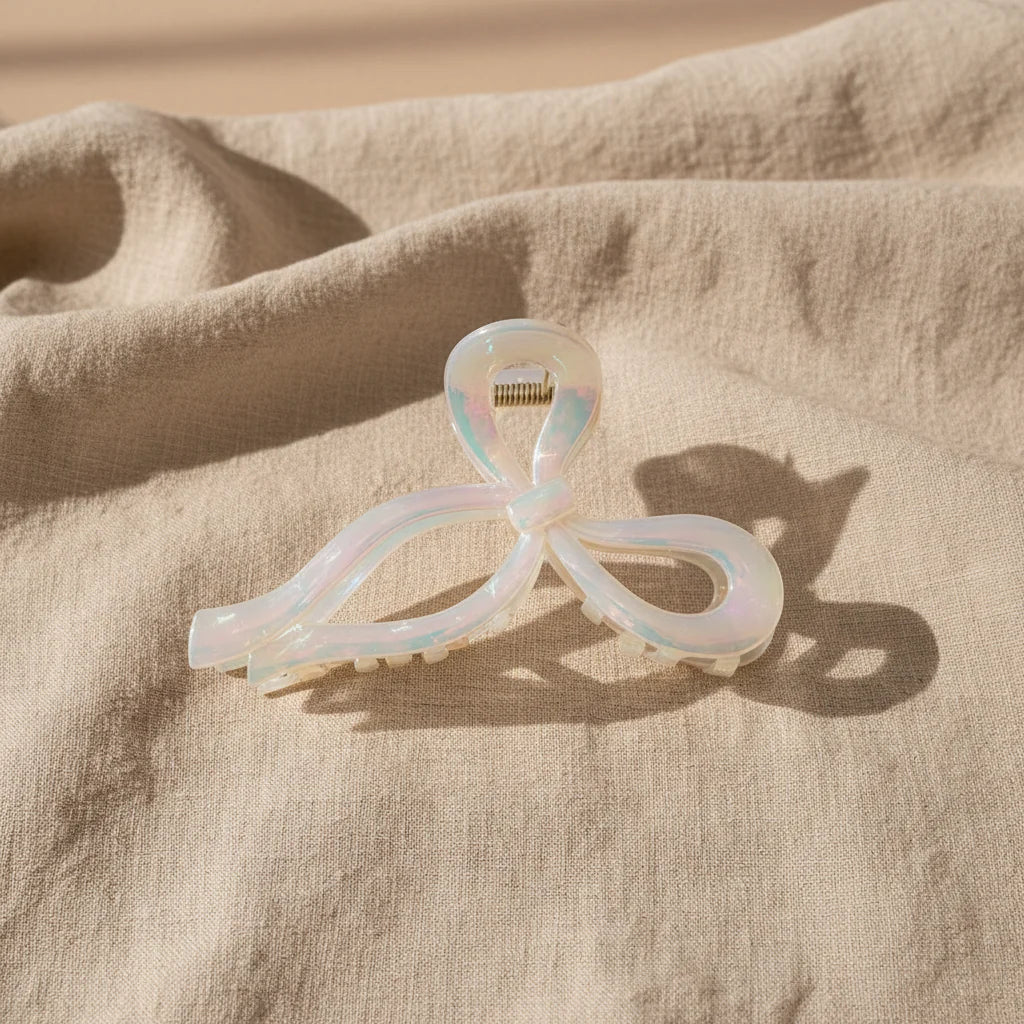 Large White Chrome Bow Claw Clip