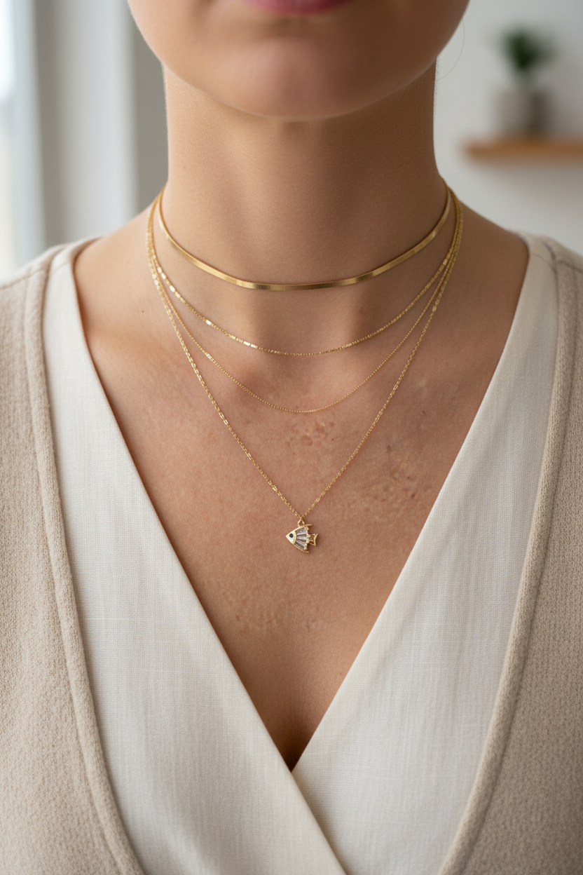 Necklace layered with other chains