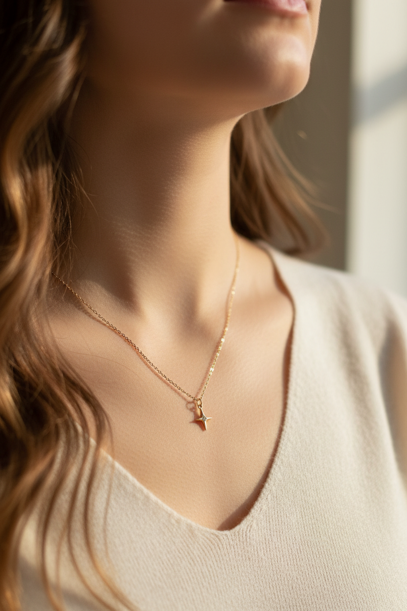 North star necklace below chin no face