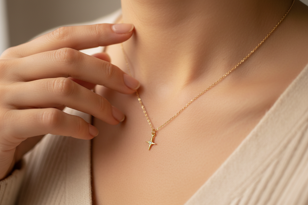 North star necklace hand touching pendant