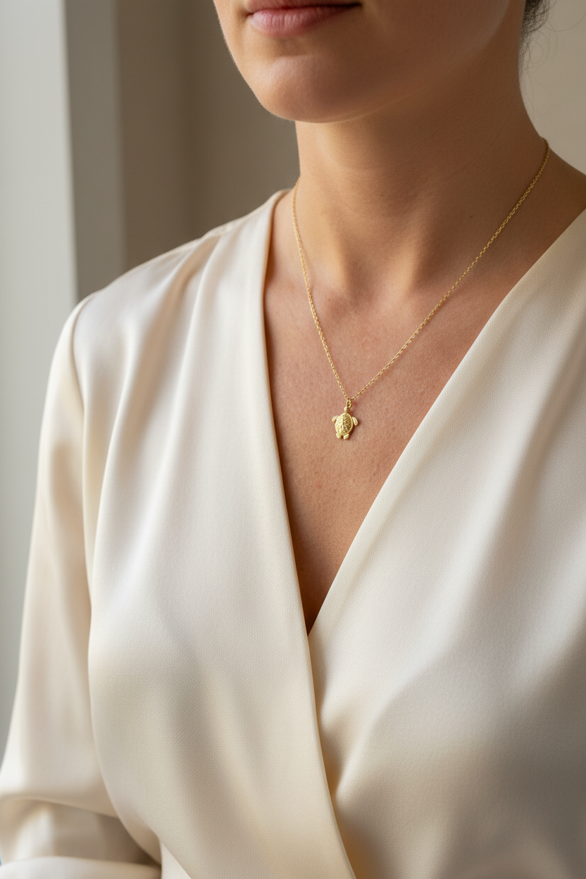 Person wearing necklace, neutral background