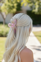 Pink bow clip - half-up platinum blonde