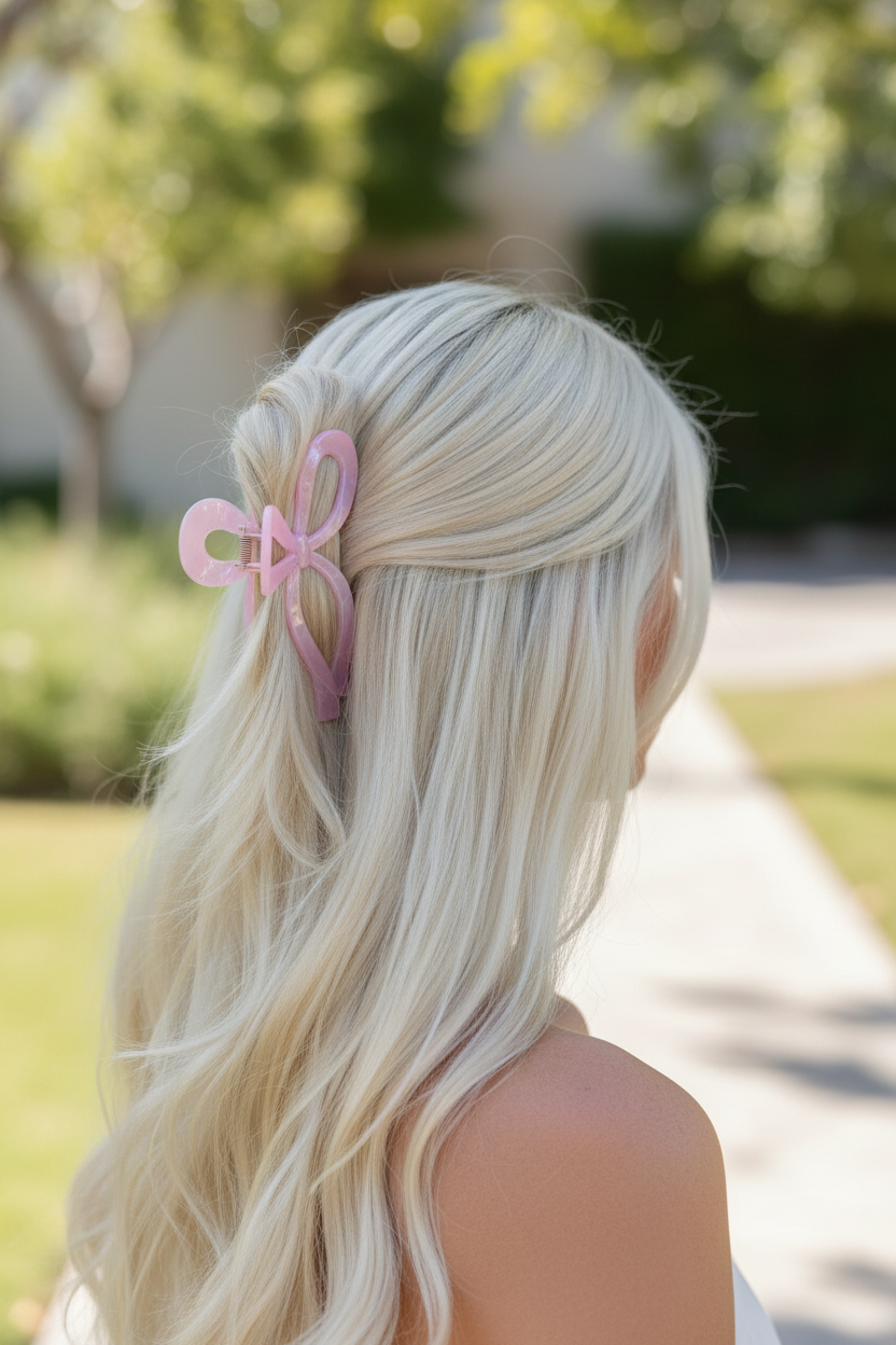 Pink bow clip - half-up platinum blonde