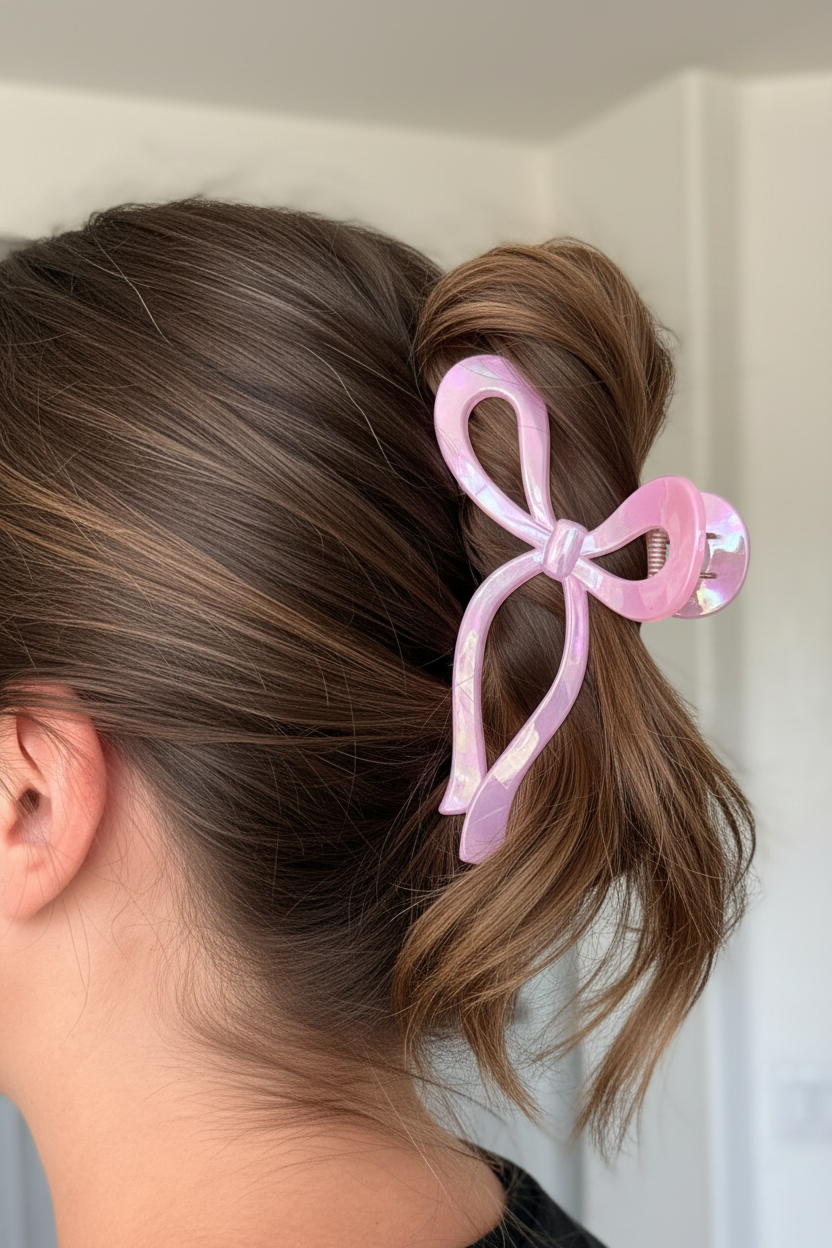 Pink bow clip - high ponytail