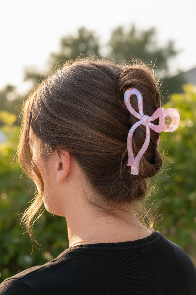 Pink bow clip - messy top knot brunette