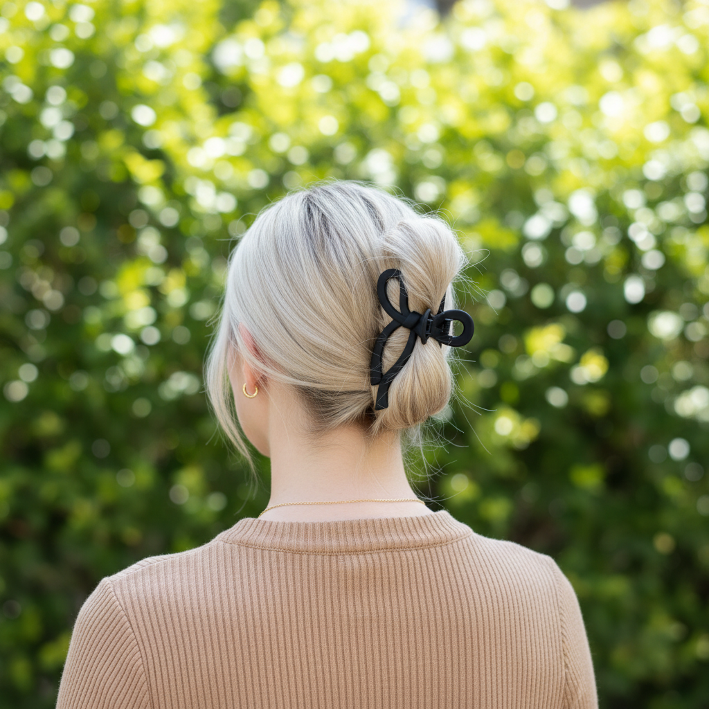 Platinum blonde with black bow clip