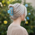 Platinum blonde with blue claw clip