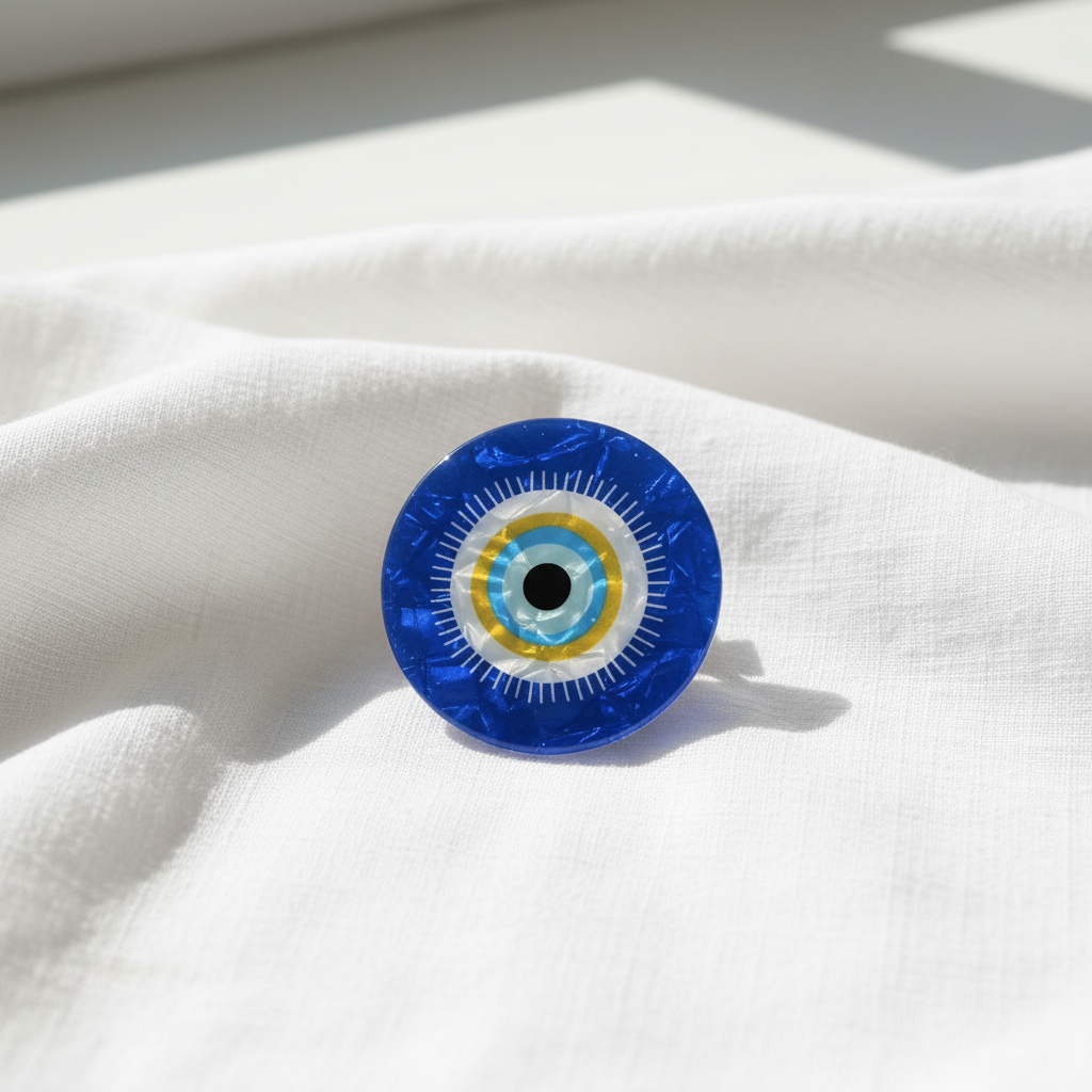 Round evil eye hair claw on white linen