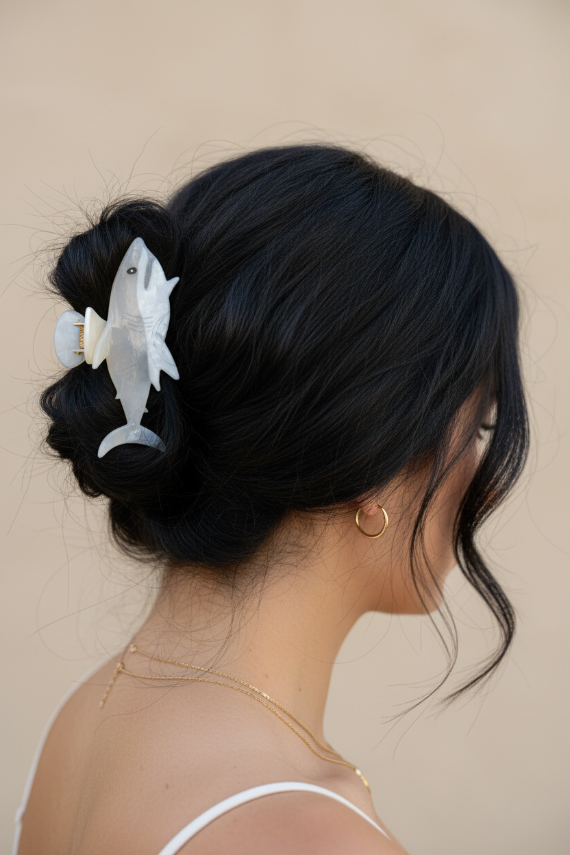 Shark clip - side bun black hair