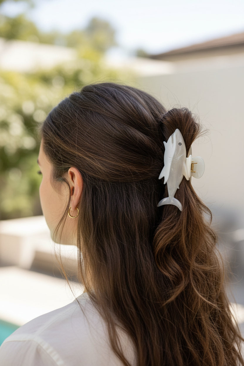 Shark clip side view - curly hair