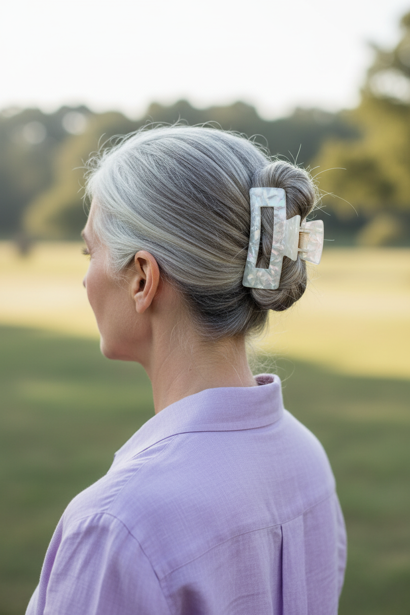 Silver-gray French twist with lavender blouse