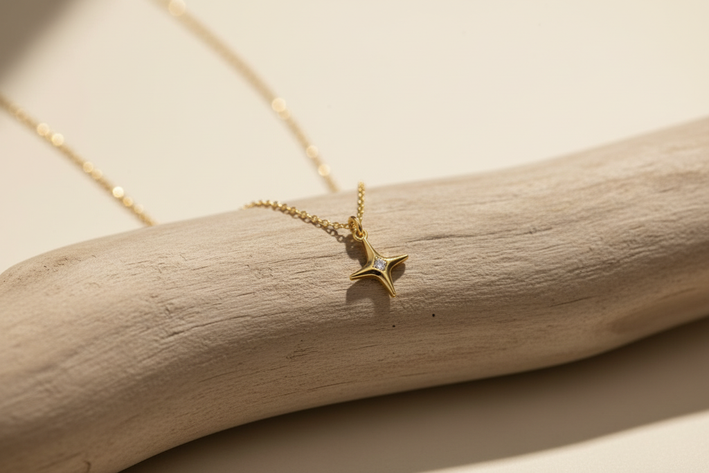 Star necklace on driftwood