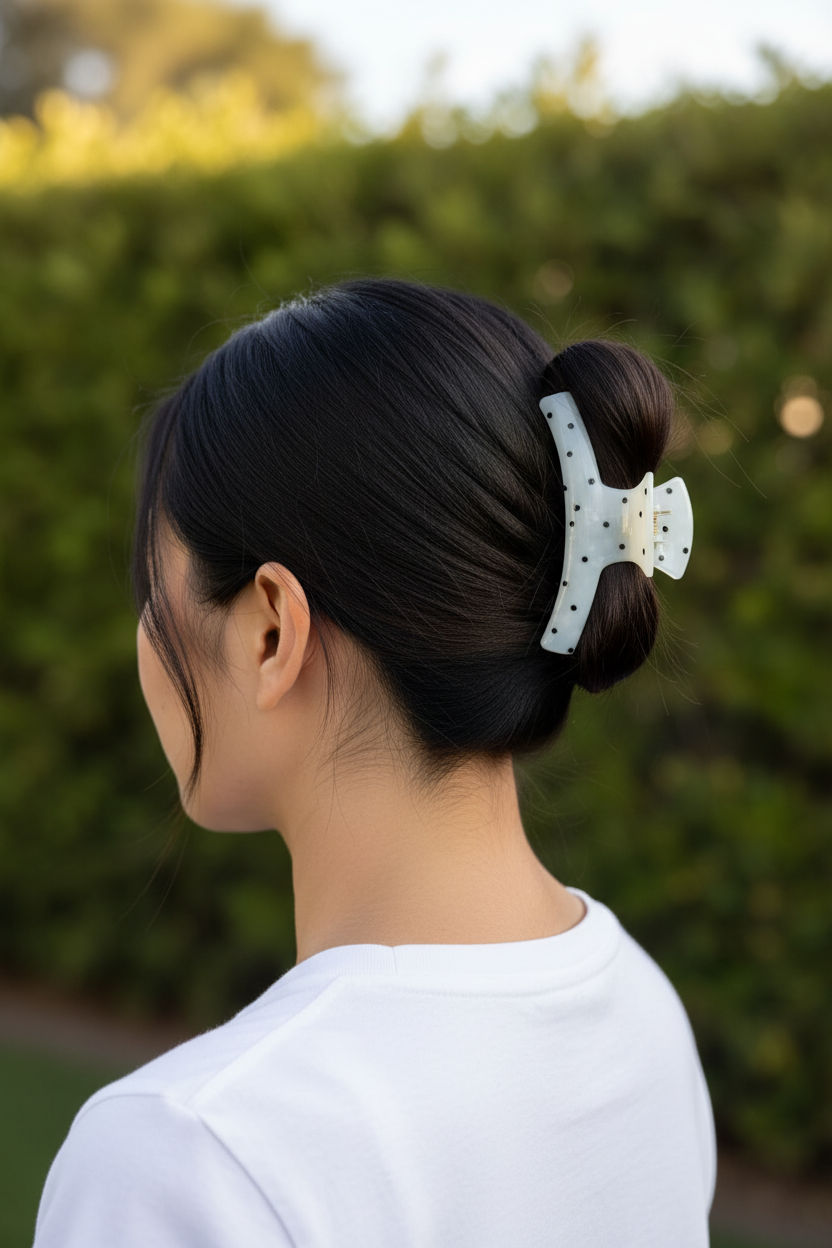 Straight black hair high ponytail with white tee