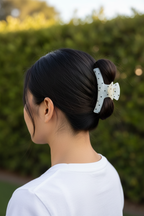 Straight black hair high ponytail with white tee