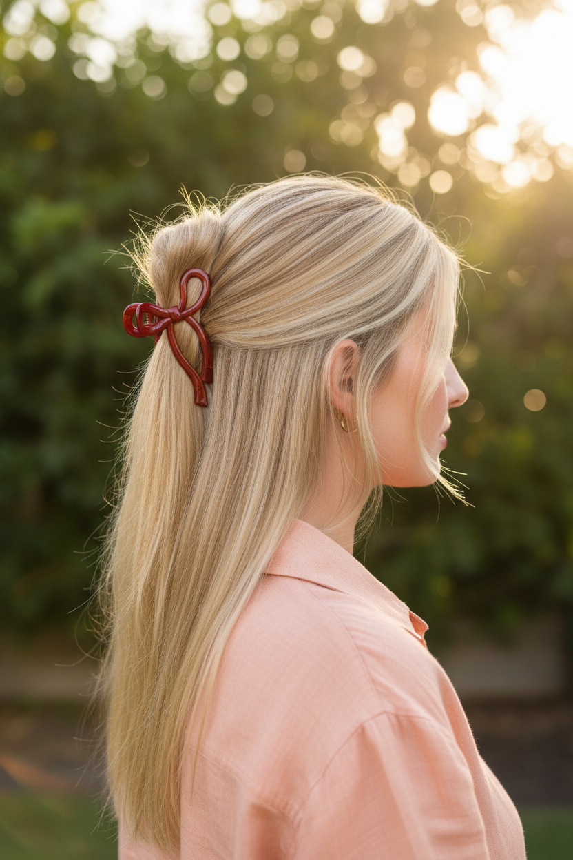 Straight blonde half-up with peach linen
