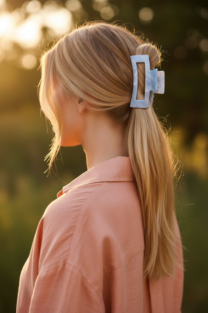 Straight blonde low ponytail with peach linen