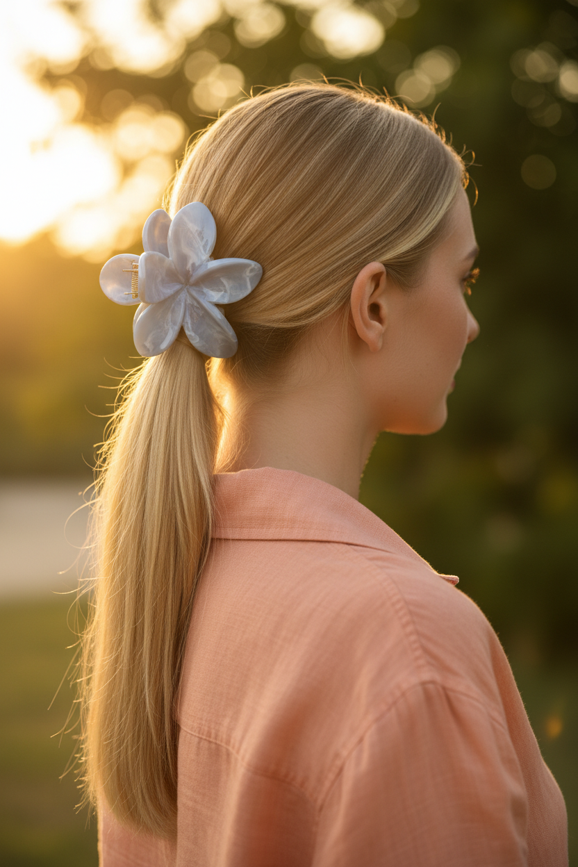 Straight blonde low ponytail with peach linen
