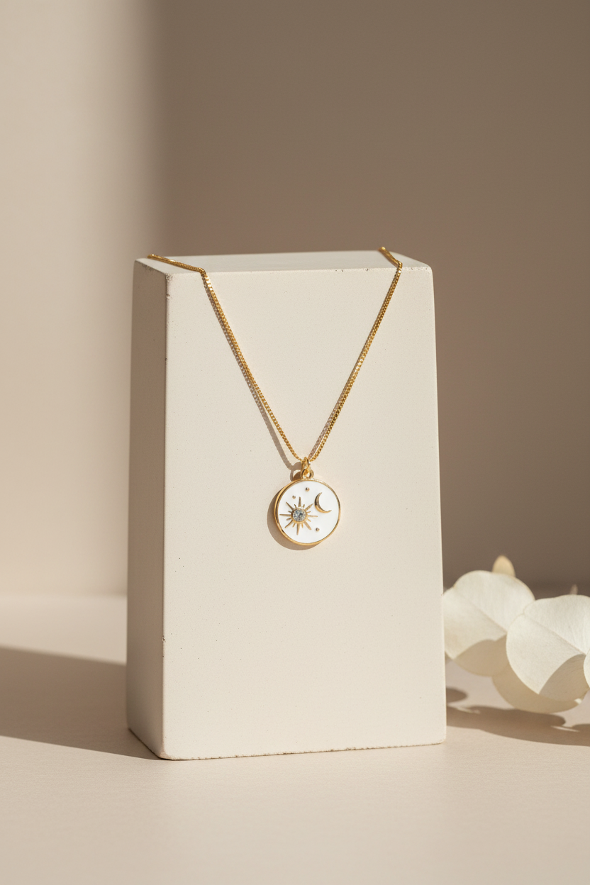 Sun and moon necklace on display stand