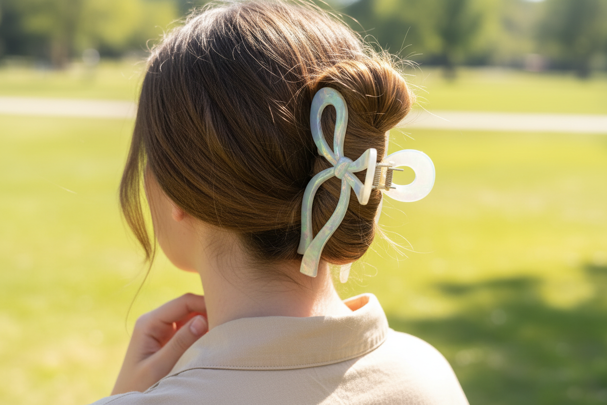Updo with iridescent bow