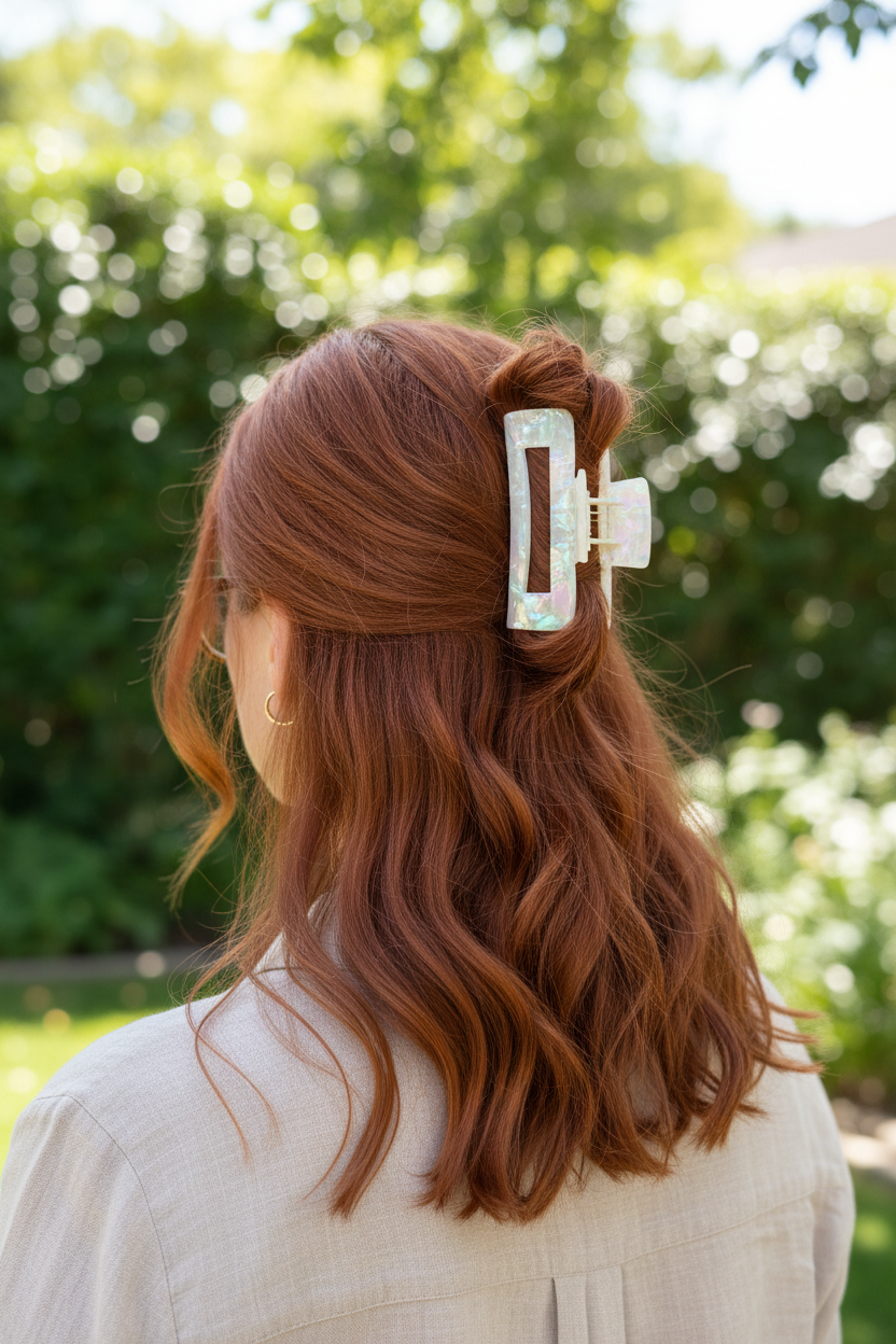 Wavy auburn half-up style