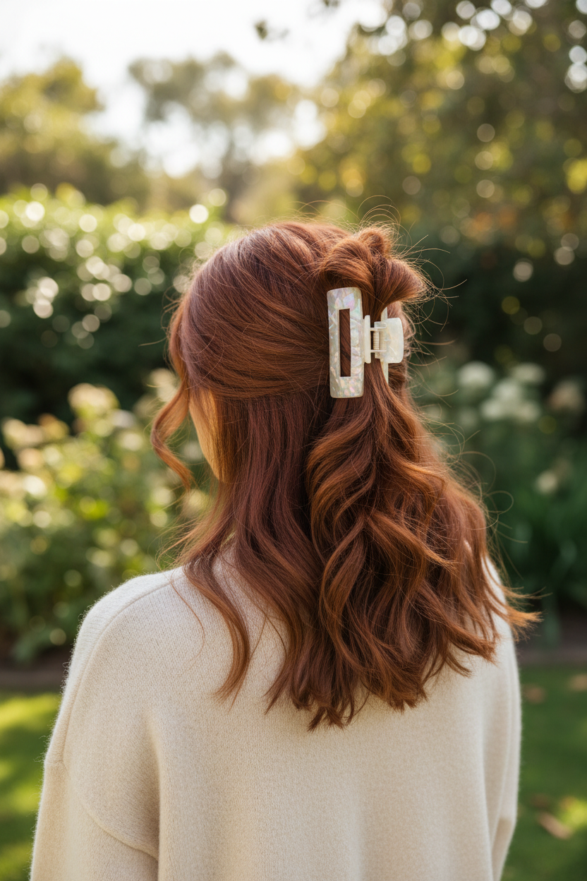 Wavy auburn with cream sweater