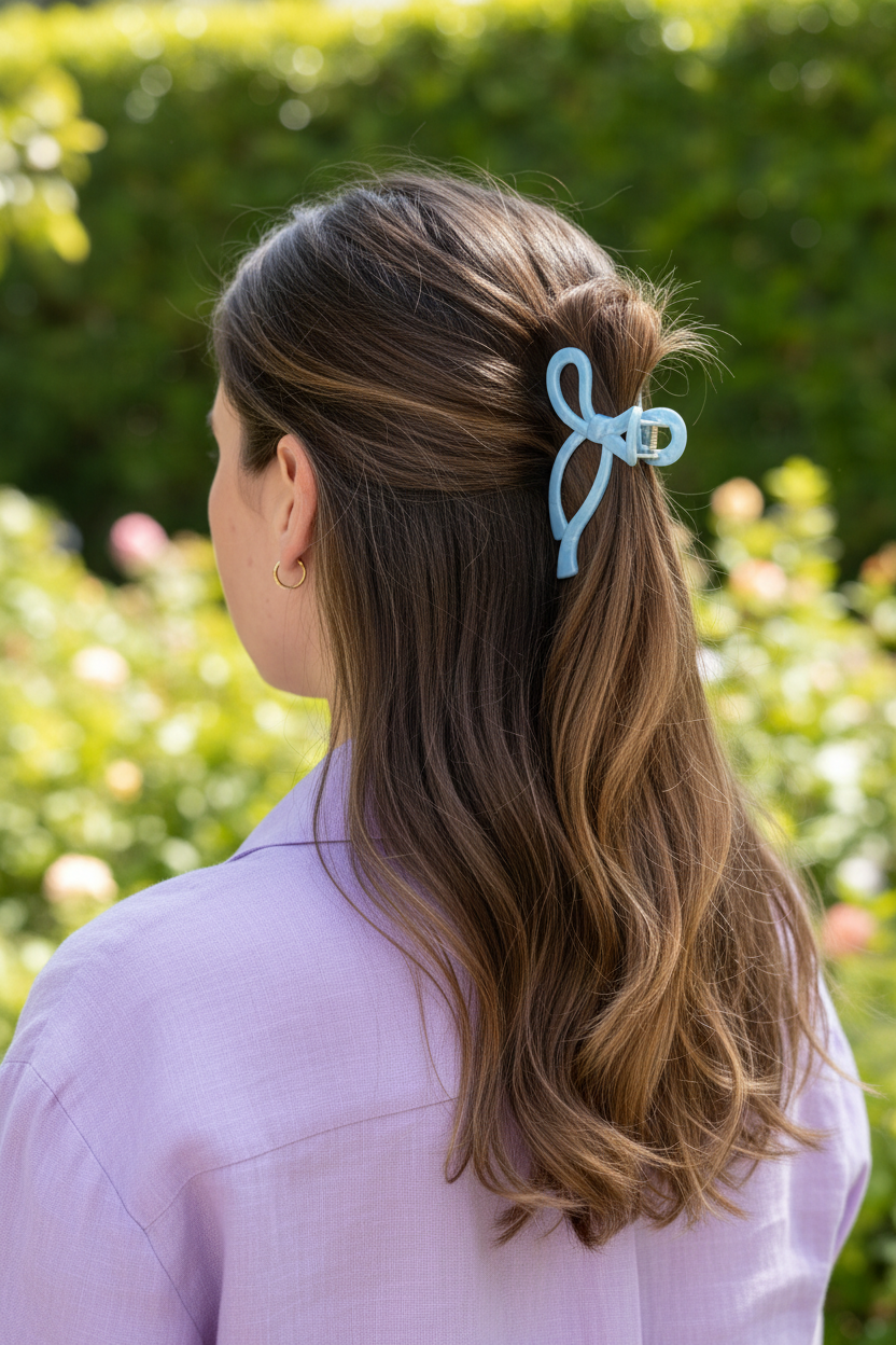 Wavy brown half-up with lavender blouse