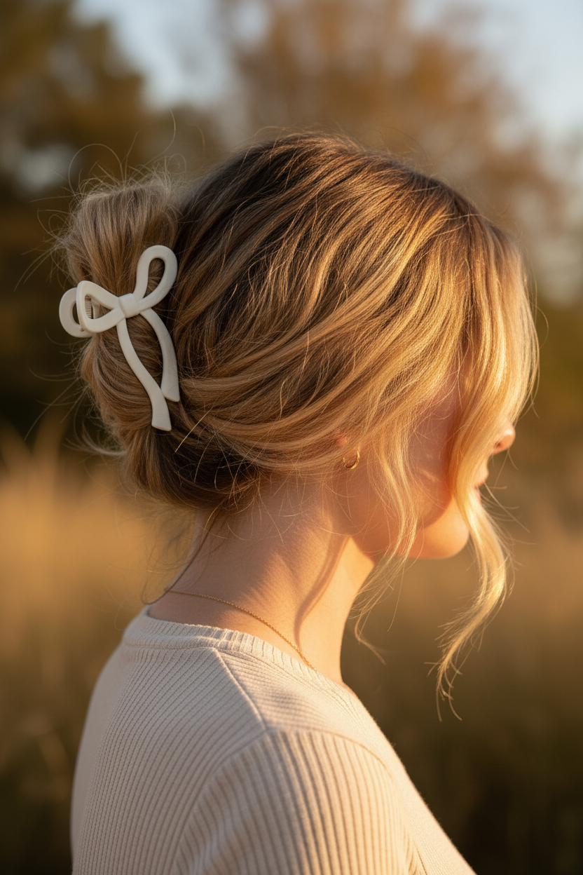White bow clip - low bun