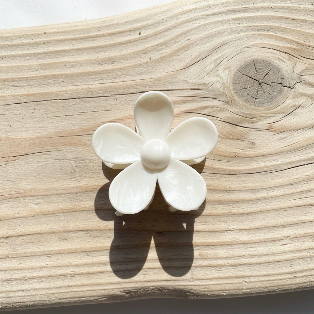 White flower clip on driftwood